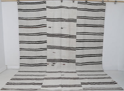7x9 Vintage Turkish Hemp Rug, White Black Striped Kilim, Large Handwoven Neutral Area Rug
