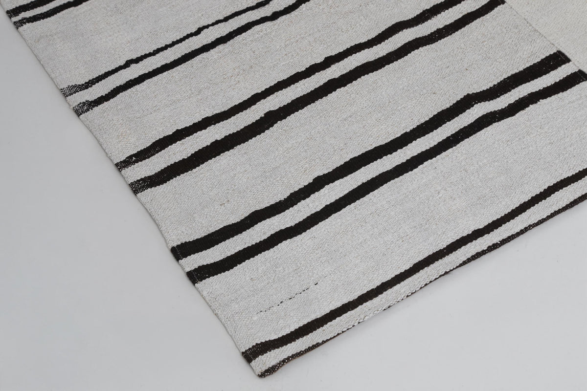7x9 Vintage Turkish Hemp Rug, White Black Striped Kilim, Large Handwoven Neutral Area Rug