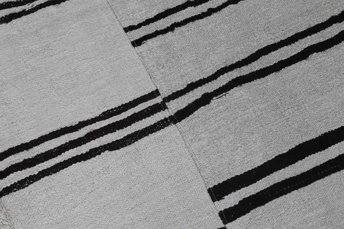 7x9 Vintage Turkish Hemp Rug, White Black Striped Kilim, Large Handwoven Neutral Area Rug