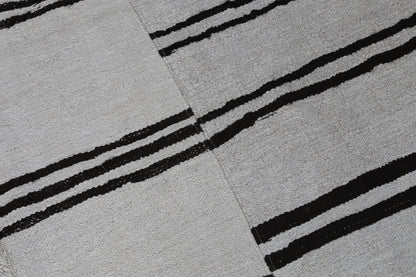 7x9 Vintage Turkish Hemp Rug, White Black Striped Kilim, Large Handwoven Neutral Area Rug