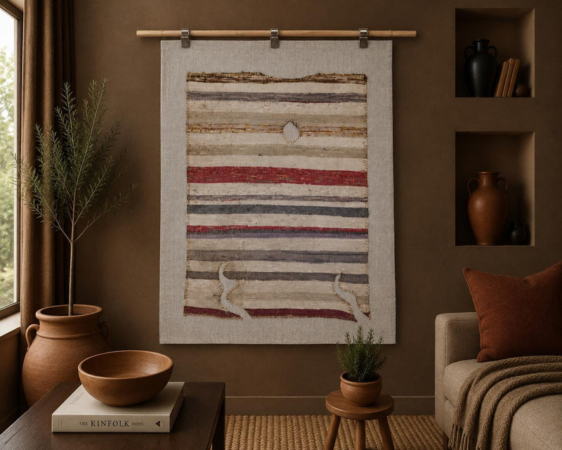 3x4 Vintage Turkish Tapestry Rug, Cotton Wool Textile Wall Hanging, Striped Kilim Wall Art, Hand Stitched Fiber Decor