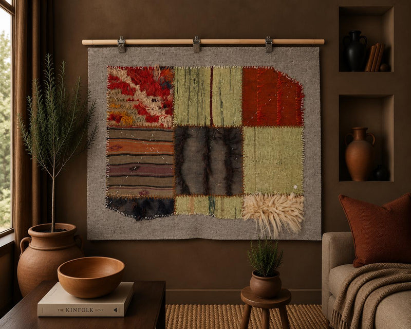 3x4 Vintage Turkish Tapestry Rug, Wool Patchwork Wall Hanging, Hand Stitched Textile Wall Art, Woven Fiber Decor