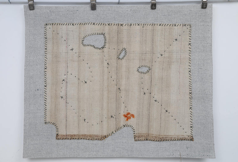 Vintage Turkish Kilim Tapestry Rug, Cream Gray Solid Wall Hanging (3'5" x 4'3")