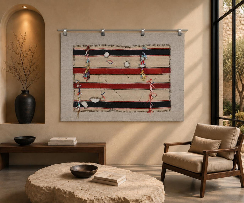 Vintage Turkish Kilim Tapestry Rug, Cream Black Striped Wall Hanging (3' x 4'2") - photo 1 of 10