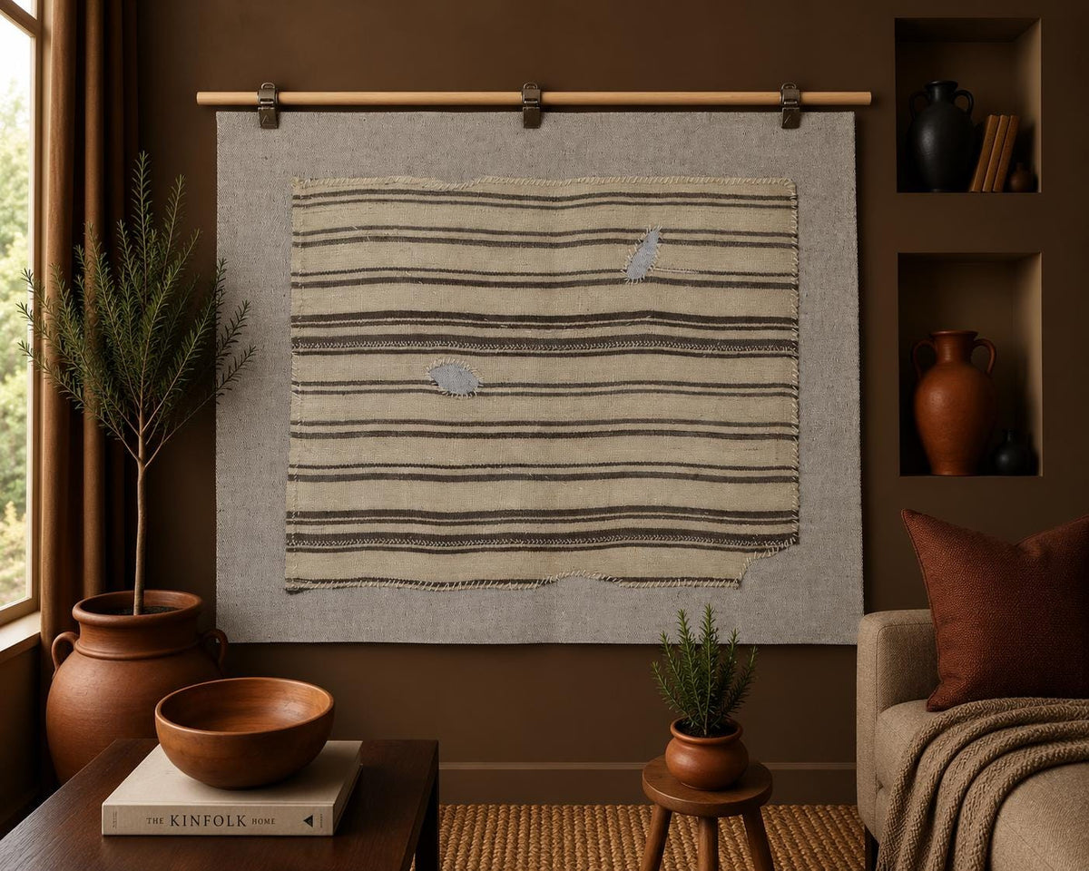 3x4 Vintage Turkish Tapestry Rug, Beige Brown Wool Wall Hanging, Striped Textile Wall Art