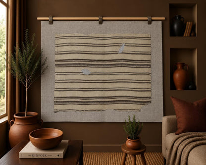 3x4 Vintage Turkish Tapestry Rug, Beige Brown Wool Wall Hanging, Striped Textile Wall Art