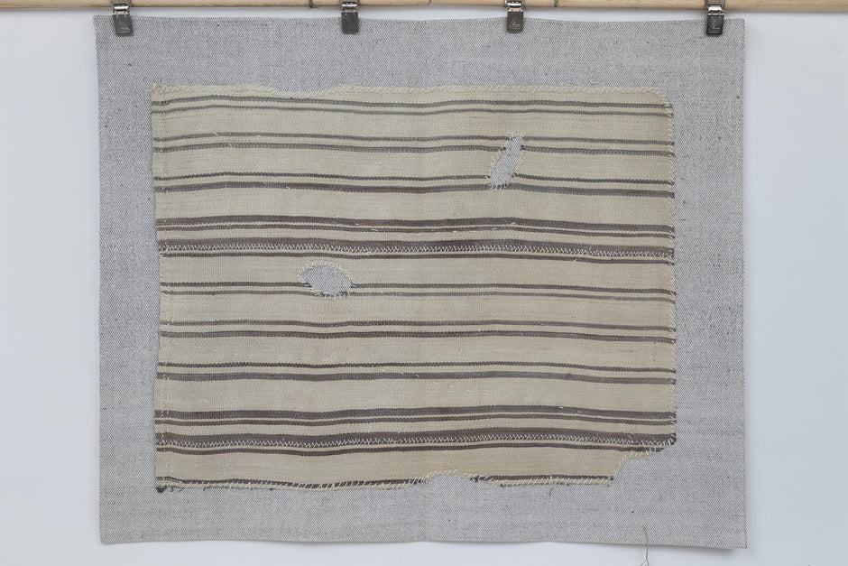 3x4 Vintage Turkish Tapestry Rug, Beige Brown Wool Wall Hanging, Striped Textile Wall Art