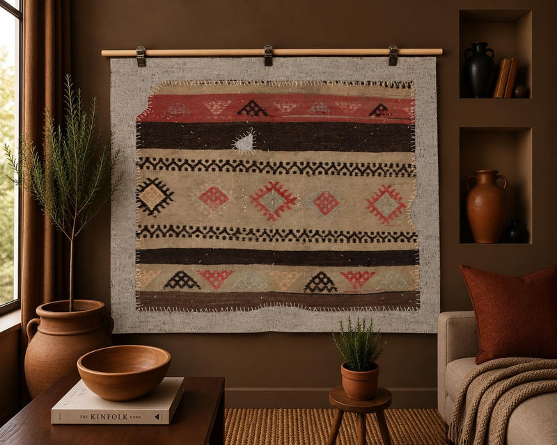 Vintage Turkish Kilim Tapestry Rug, Red Cream Diamond Wall Hanging (3'3" x 4'3") - photo 1 of 8