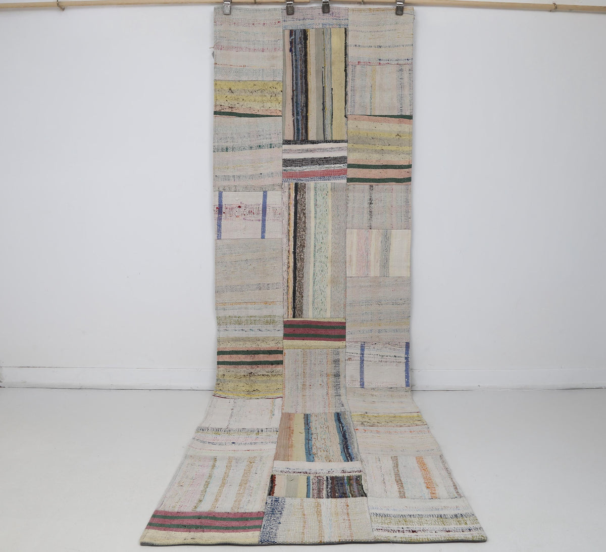 3x10 Vintage Turkish Patchwork Kilim Rug, Beige Cotton Wool Runner, Long Handwoven Hallway Rug
