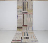 3x10 Vintage Turkish Patchwork Kilim Rug, Beige Cotton Wool Runner, Long Handwoven Hallway Rug