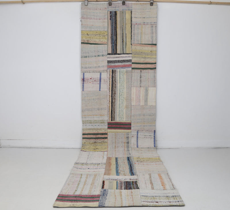 3x10 Vintage Turkish Patchwork Kilim Rug, Beige Cotton Wool Runner, Long Handwoven Hallway Rug
