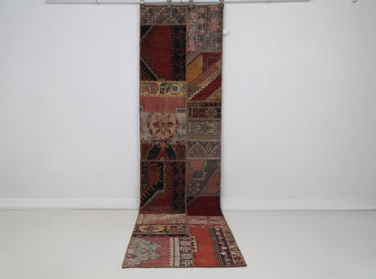 2x9 Vintage Turkish Patchwork Runner Rug, Wool Cotton Kilim Runner, Handcrafted Long Narrow Rug, Rustic Hallway Rug
