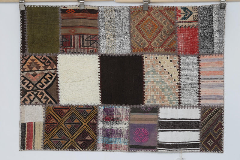 3x5 Vintage Turkish Tapestry Rug, Wool Cotton Patchwork Wall Hanging, Hand Stitched Textile Wall Art, Woven Fiber Decor