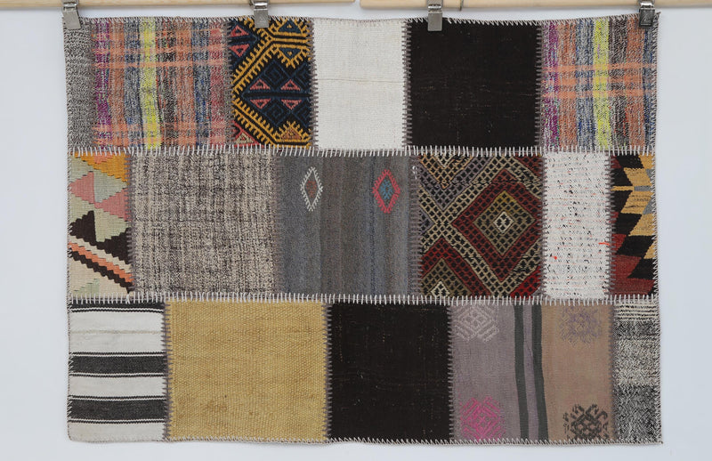 3x5 Vintage Turkish Tapestry Rug, Wool Cotton Patchwork Wall Hanging, Hand Stitched Textile Wall Art, Woven Fiber Decor