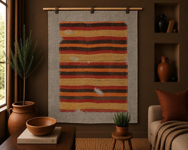 Vintage Turkish Kilim Tapestry Rug, Orange Red Striped Wall Hanging (3'5" x 4'3") - photo 1 of 8