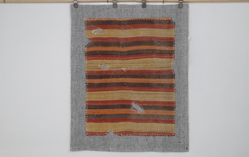 Vintage Turkish Kilim Tapestry Rug, Orange Red Striped (3'5" x 4'3")