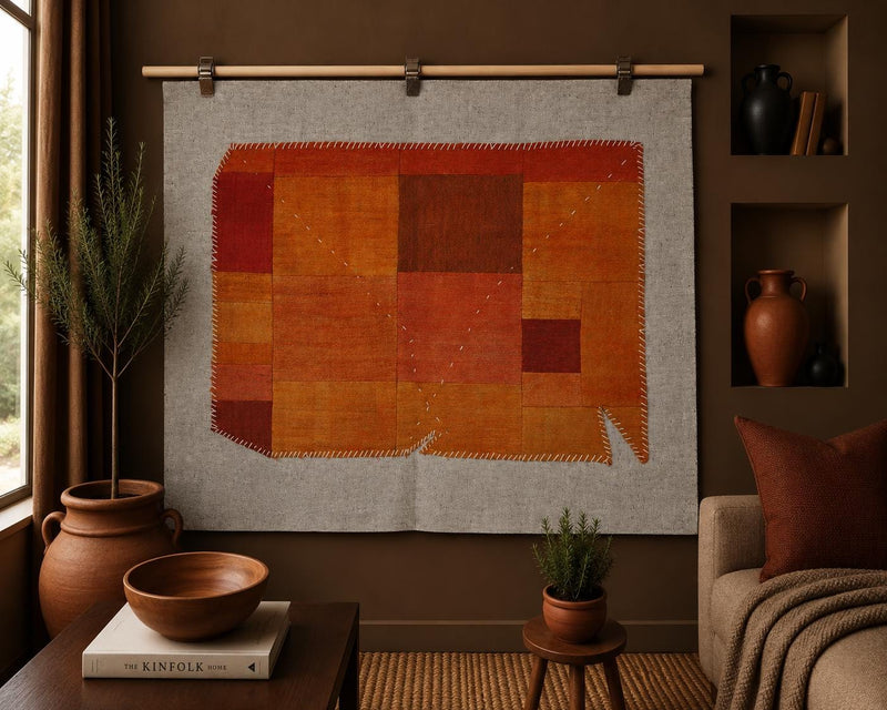 Vintage Turkish Kilim Tapestry Rug, Orange Color Block Wall Hanging (3'3" x 4'2") - photo 1 of 9