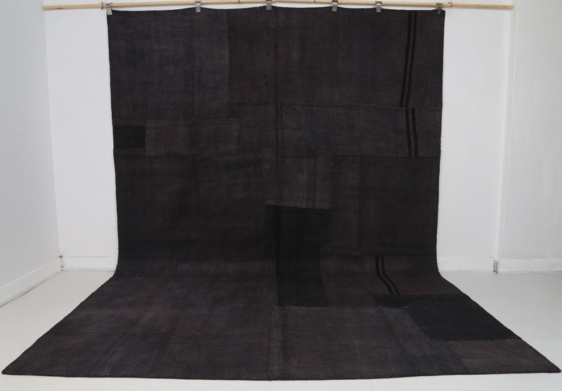 7x10 Vintage Turkish Hemp Patchwork Rug, Black Hemp Rug, Handwoven Kilim, Minimalist Rustic Area Rug
