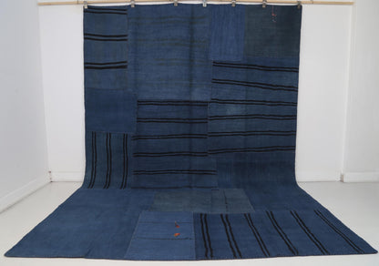 7x10 Vintage Turkish Hemp Patchwork Rug, Blue Hemp Rug, Handwoven Kilim, Rustic Large Area Rug