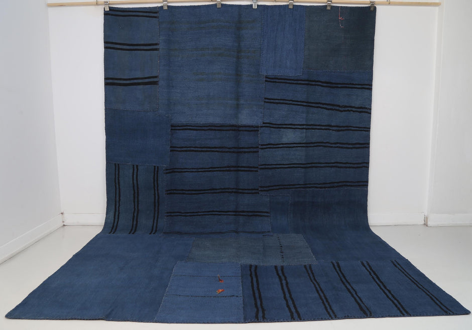 7x10 Vintage Turkish Hemp Patchwork Rug, Blue Hemp Rug, Handwoven Kilim, Rustic Large Area Rug
