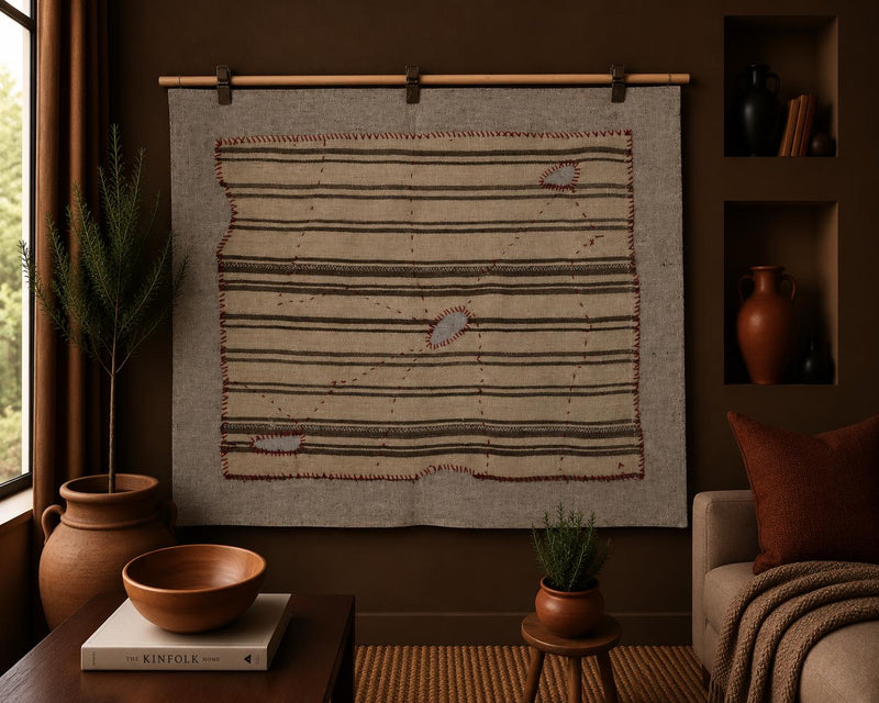 Vintage Turkish Kilim Tapestry Rug, Cream Black Striped Wall Hanging (3'4" x 4'2") - photo 1 of 8