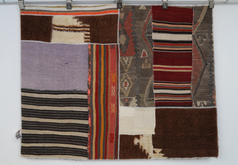 Vintage Turkish Kilim Tapestry Rug, Purple Red Patchwork (3'5" x 4'3")