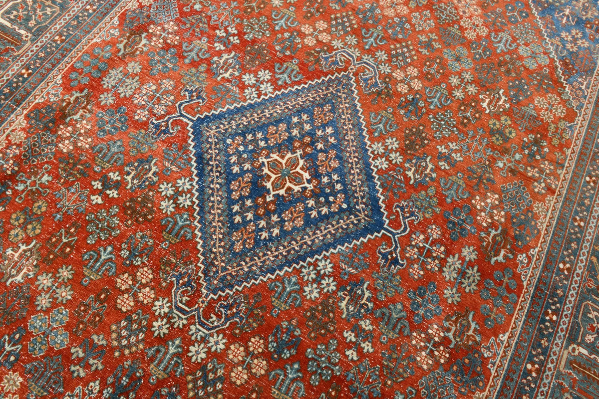 9x13 Vintage Turkish Rug, Brick Red Floral Rug, Deep Indigo Wool Rug, Large Vintage Silverwash Area Rug