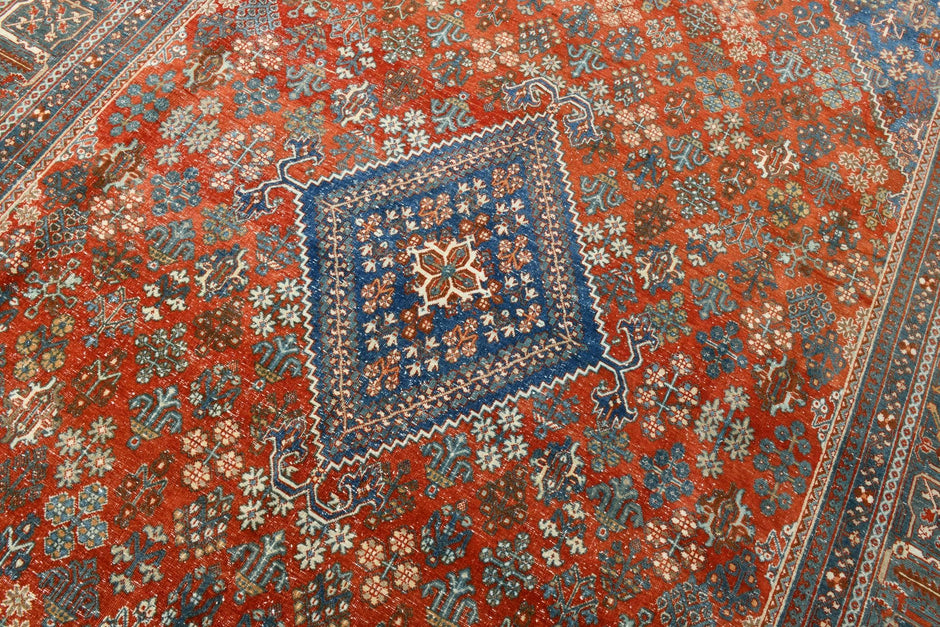 9x13 Vintage Turkish Rug, Brick Red Floral Rug, Deep Indigo Wool Rug, Large Vintage Silverwash Area Rug