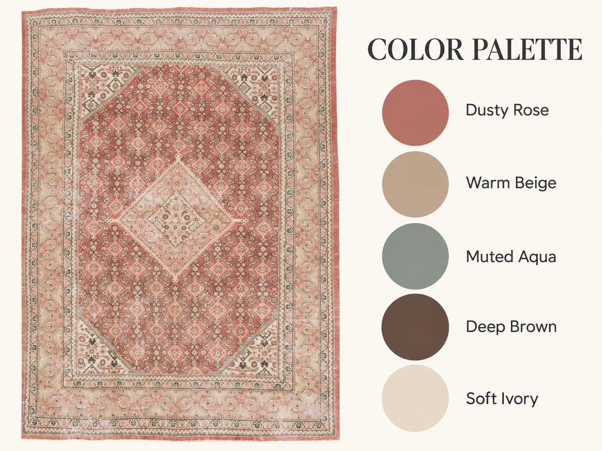 9x13 Vintage Turkish Rug, Dusty Rose Silverwash Rug, Soft Ivory Wool Rug, Large Vintage Area Rug