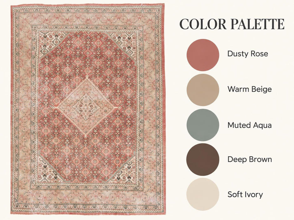 9x13 Vintage Turkish Rug, Dusty Rose Silverwash Rug, Soft Ivory Wool Rug, Large Vintage Area Rug
