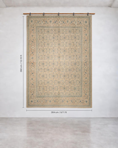 10x13 Vintage Turkish Rug, Beige Blue Floral Rug, Handwoven Wool Rug, Large Vintage Area Rug