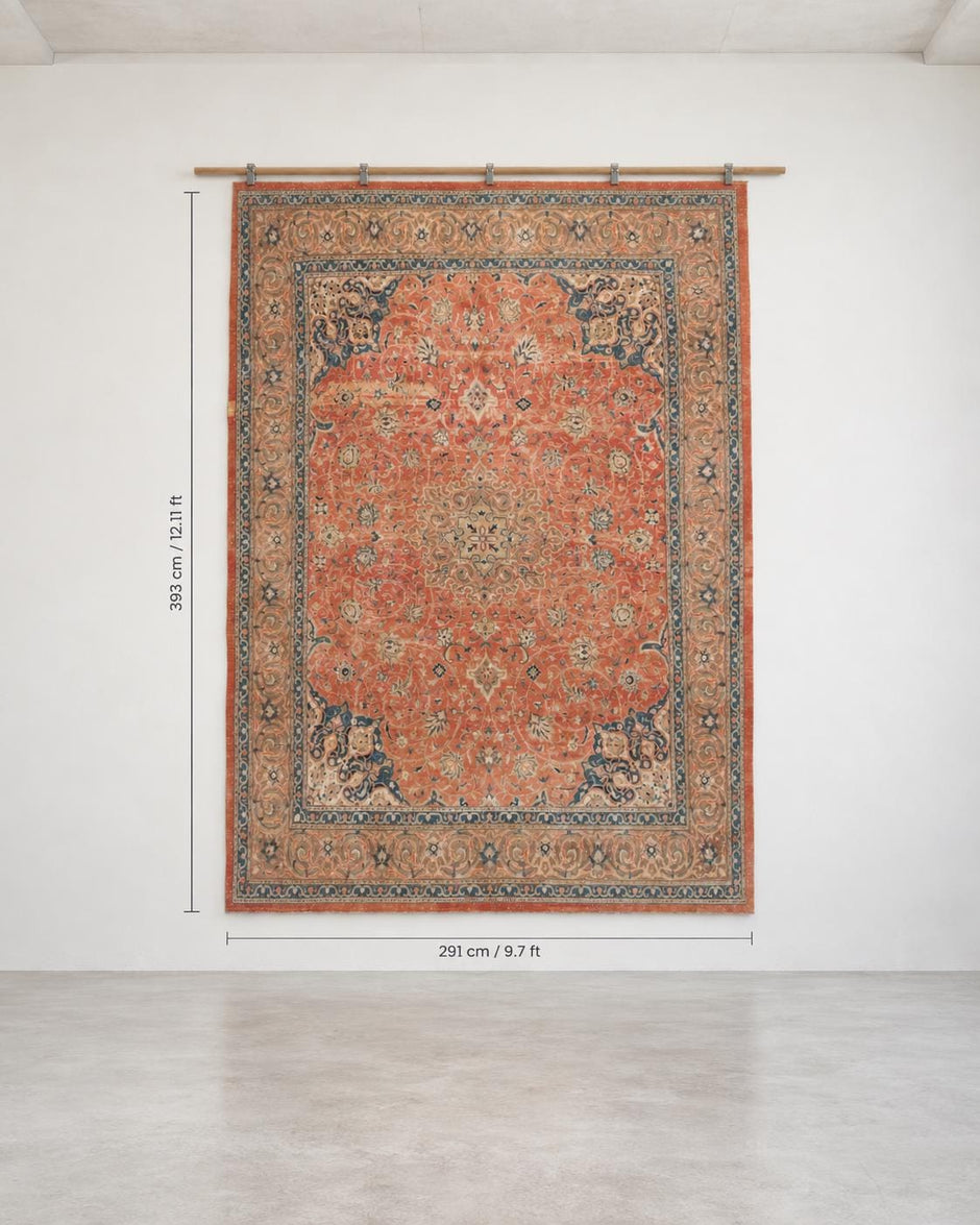 10x13 Vintage Turkish Rug, Terracotta Floral Rug, Sand Beige Wool Rug, Large Vintage Area Rug