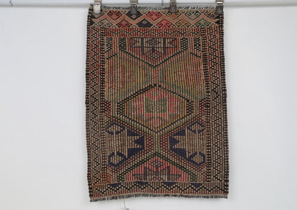 2x3 Vintage Turkish Tapestry Rug, Handmade Flatweave Wall Hanging, Vintage Kilim Textile Wall Art, Wool Tapestry