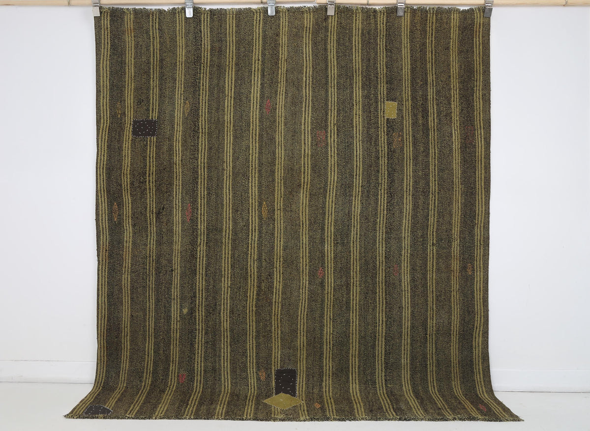 6x7 Vintage Turkish Flatweave Rug, Mustard Brown Striped Rug, Handwoven Wool Cotton Kilim, Vintage Area Rug