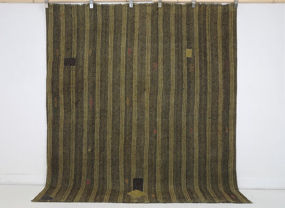 6x7 Vintage Turkish Flatweave Rug, Mustard Brown Striped Rug, Handwoven Wool Cotton Kilim, Vintage Area Rug