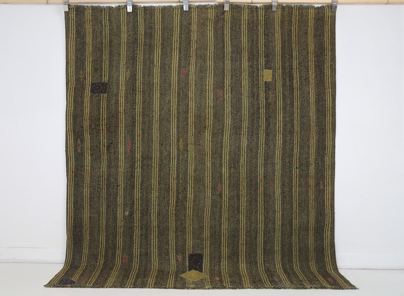 6x7 Vintage Turkish Flatweave Rug, Mustard Brown Striped Rug, Handwoven Wool Cotton Kilim, Vintage Area Rug