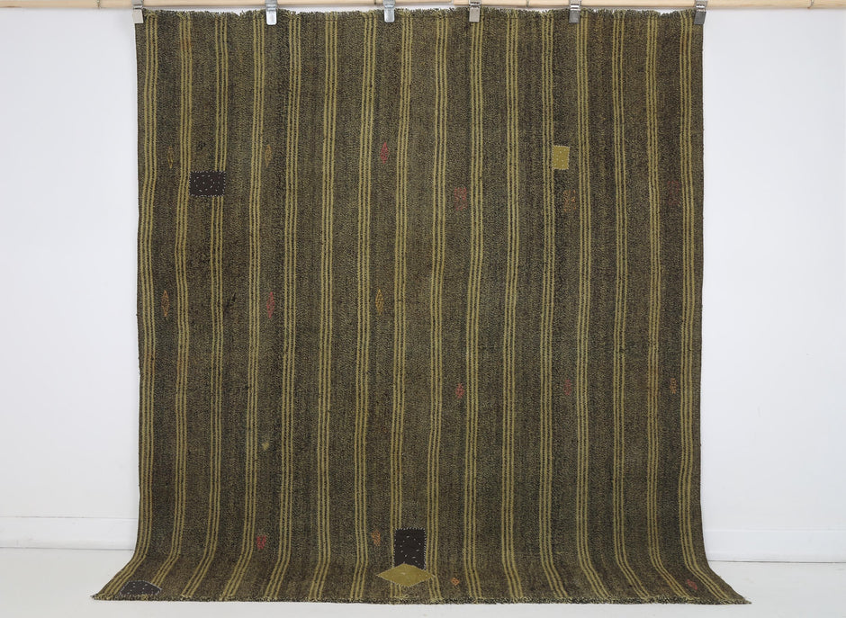 6x7 Vintage Turkish Flatweave Rug, Mustard Brown Striped Rug, Handwoven Wool Cotton Kilim, Vintage Area Rug