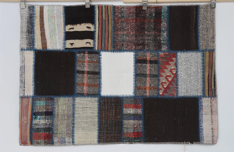 3x5 Vintage Turkish Tapestry Rug, Patchwork Wool Cotton Wall Hanging, Woven Textile Wall Art, Handmade Fiber Decor