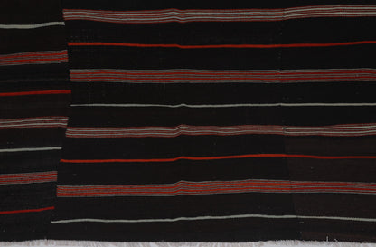 5x7 Vintage Turkish Kilim Rug, Black Red Striped Kilim, Handwoven Wool Cotton Rug, Vintage Flatweave Area Rug