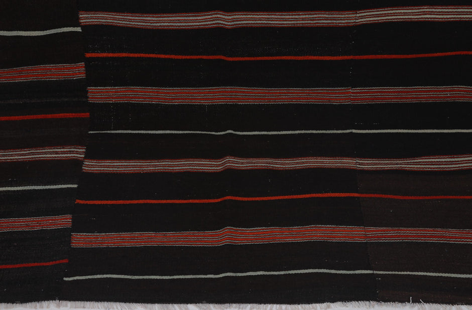 5x7 Vintage Turkish Kilim Rug, Black Red Striped Kilim, Handwoven Wool Cotton Rug, Vintage Flatweave Area Rug