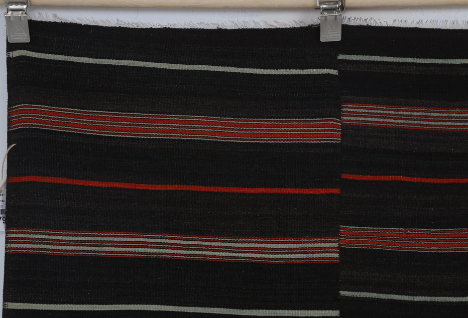 5x7 Vintage Turkish Kilim Rug, Black Red Striped Kilim, Handwoven Wool Cotton Rug, Vintage Flatweave Area Rug