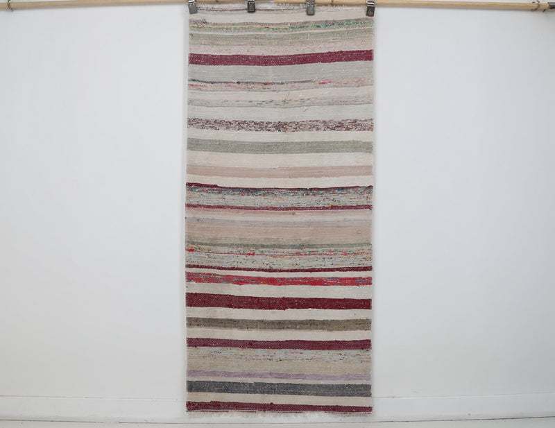 3x6 Vintage Turkish Kilim Runner Rug, Multicolor Striped Kilim Caput, Handwoven Wool Cotton Flatweave Rug