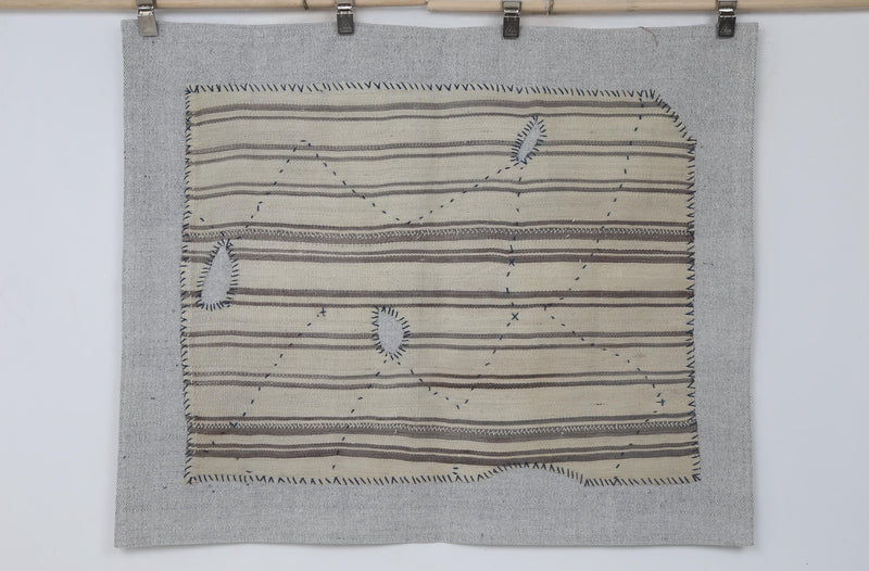 Vintage Turkish Kilim Tapestry Rug, Cream Beige Striped Wall Hanging (3'5" x 4'2")