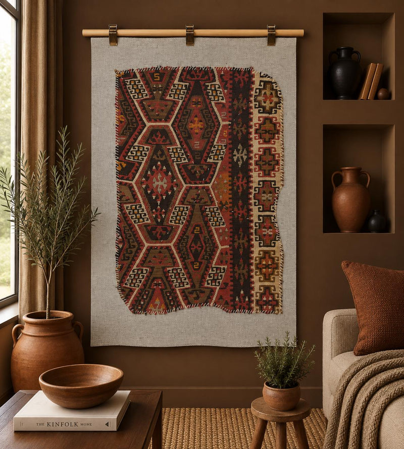 3x4 Vintage Turkish Tapestry Rug, Multicolor Wool Wall Hanging, Geometric Kilim Textile Art, Vintage Woven Wall Decor