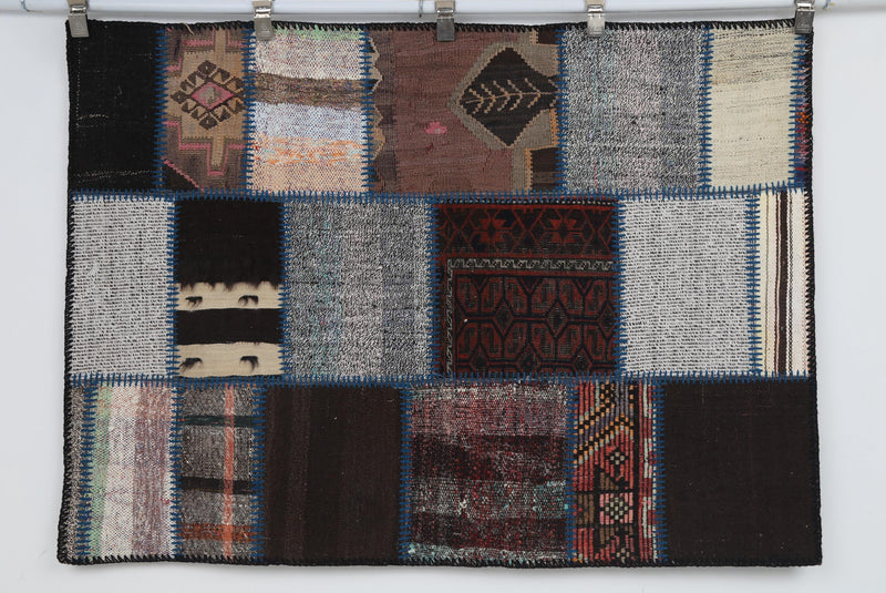 Vintage Turkish Kilim Tapestry Rug, Charcoal Red Panels (3'4" x 4'7")