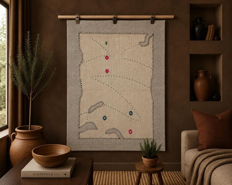 3x4 Vintage Turkish Tapestry Rug, Wool Textile Wall Hanging, Hand Stitched Kilim Wall Art, Minimal Fiber Decor