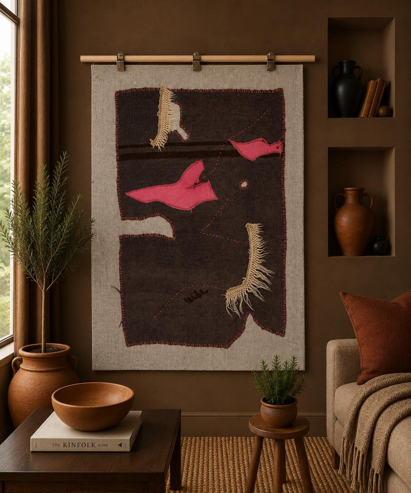 3x4 Vintage Turkish Tapestry Rug, Hemp Textile Wall Hanging, Hand Stitched Fiber Wall Art, Unique Woven Wall Decor