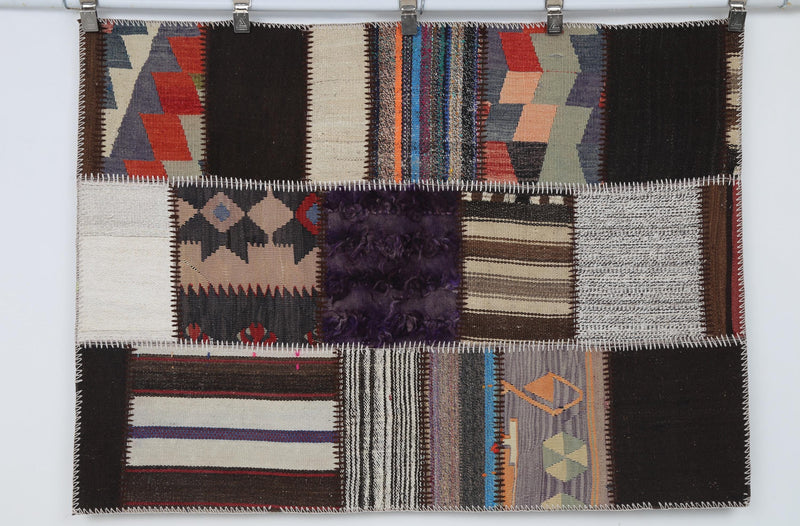 Vintage Turkish Kilim Tapestry Rug, Black Rust Diamonds (3'4" x 4'7")