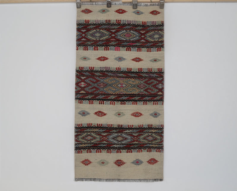 2x5 Vintage Turkish Flatweave Rug, Brown Multicolor Geometric Kilim, Handwoven Wool Cotton Small Area Rug