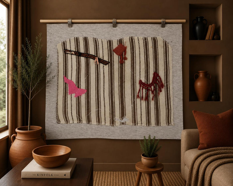 3x4 Vintage Turkish Tapestry Rug, Striped Wool Wall Hanging, Hand Stitched Textile Wall Art, Rustic Fiber Decor